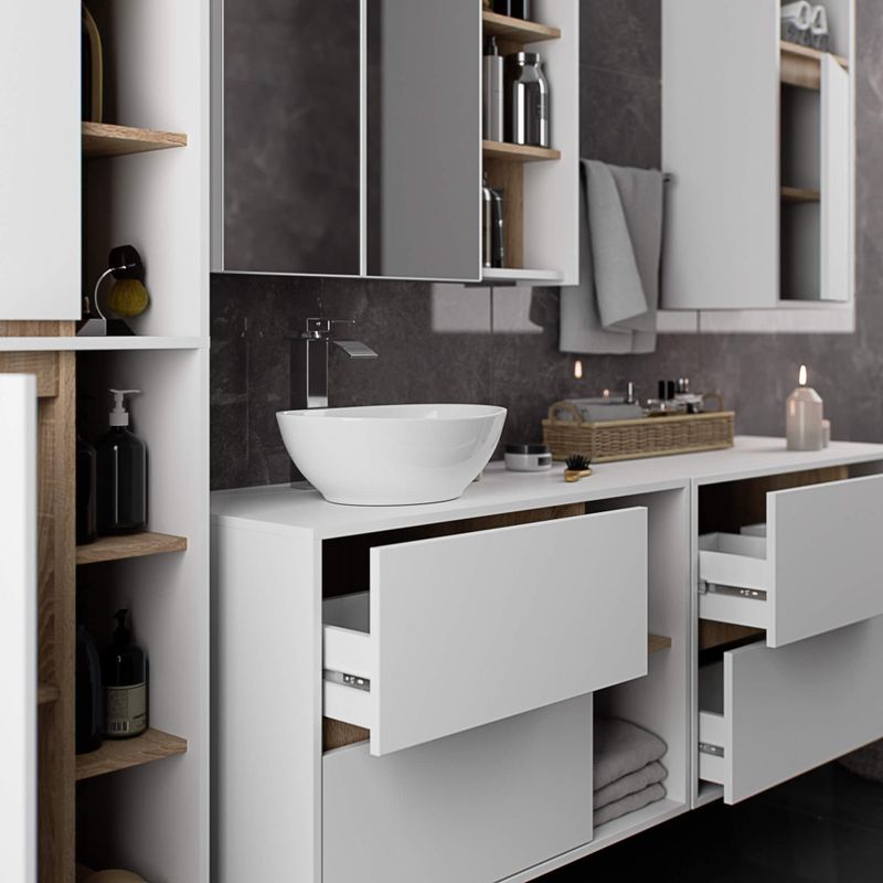 Casa si Gradina - Mobilier - Mobilier baie - Corpuri baie - Etajera de baie suspendata, cu 2 sertare, PAL 16 mm, 90x46x60 cm, alb si stejar sonoma - Infinity.ro