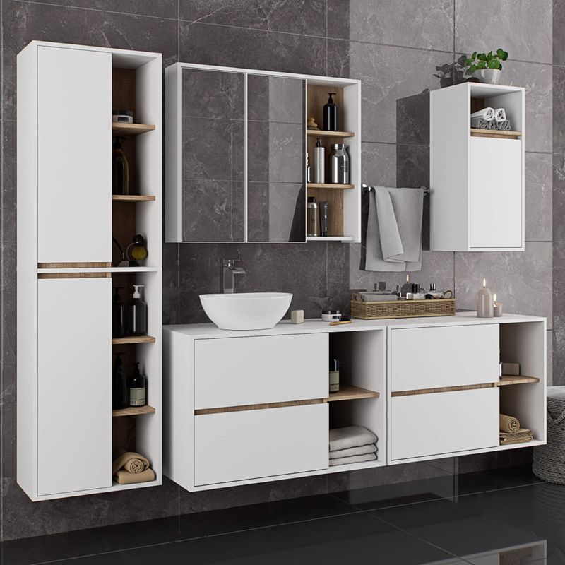 Casa si Gradina - Mobilier - Mobilier baie - Corpuri baie - Etajera de baie suspendata, cu 2 sertare, PAL 16 mm, 90x46x60 cm, alb si stejar sonoma - Infinity.ro