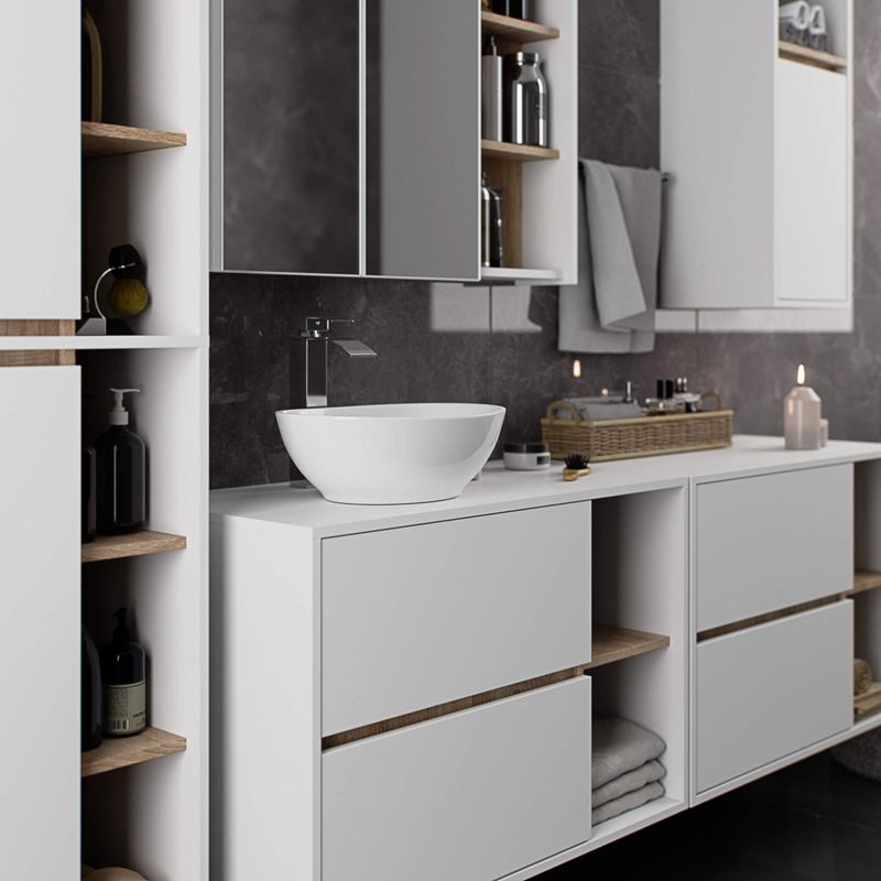 Casa si Gradina - Mobilier - Mobilier baie - Corpuri baie - Etajera de baie suspendata, cu 2 sertare, PAL 16 mm, 90x46x60 cm, alb si stejar sonoma - Infinity.ro