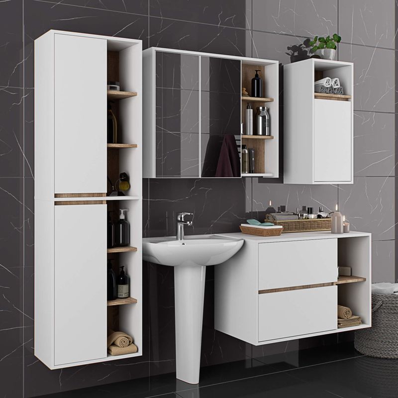 Casa si Gradina - Mobilier - Mobilier baie - Corpuri baie - Etajera de baie suspendata, cu 2 sertare, PAL 16 mm, 90x46x60 cm, alb si stejar sonoma - Infinity.ro