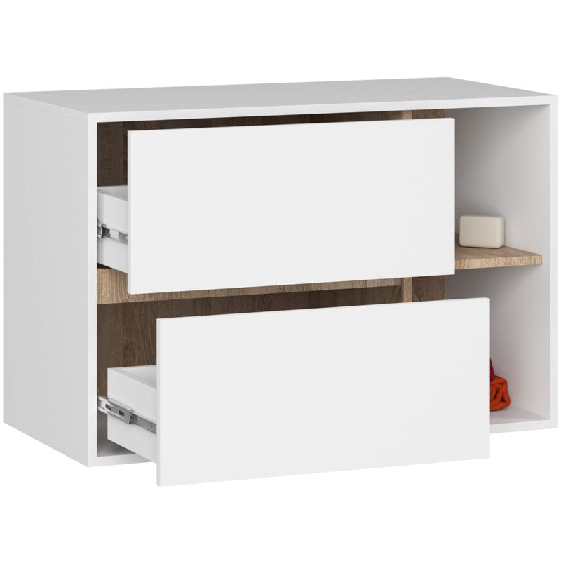 Casa si Gradina - Mobilier - Mobilier baie - Corpuri baie - Etajera de baie suspendata, cu 2 sertare, PAL 16 mm, 90x46x60 cm, alb si stejar sonoma - Infinity.ro