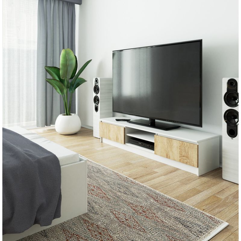 Casa si Gradina - Mobilier - Comode si corpuri - Comode - Comoda TV cu 2 usi si rafturi centrale, PAL laminat, 160x40x33 cm, alb si stejar sonoma - Infinity.ro