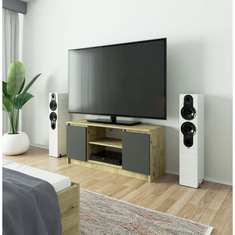 Casa si Gradina - Mobilier - Comode si corpuri - Comode - Comoda TV cu 2 usi si o polita, PAL laminat 16 mm, 120x40x55 cm, stejar artisan si gri - Infinity.ro