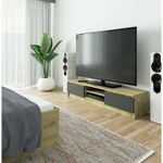 Casa si Gradina - Mobilier - Comode si corpuri - Comode - Comoda TV cu 2 usi si rafturi centrale, PAL laminat, 160x40x33 cm, stejar artisan si gri - Infinity.ro