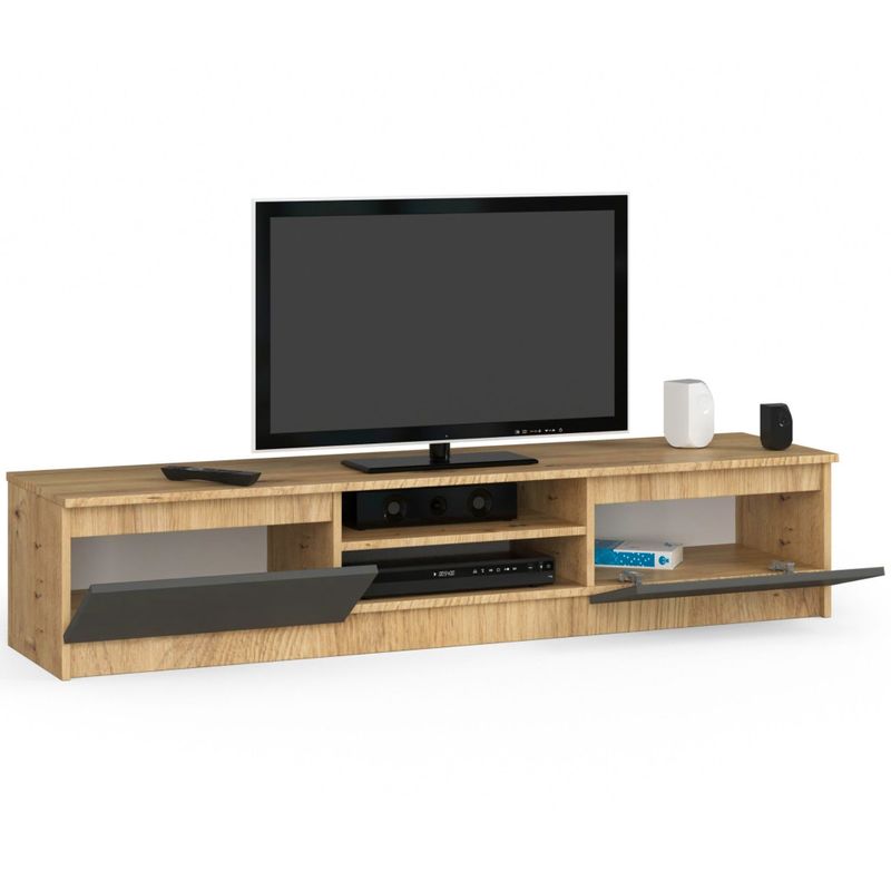 Casa si Gradina - Mobilier - Comode si corpuri - Comode - Comoda TV cu 2 usi si rafturi centrale, PAL laminat, 160x40x33 cm, stejar artisan si gri - Infinity.ro