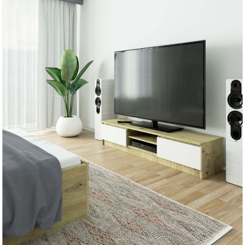 Casa si Gradina - Mobilier - Comode si corpuri - Comode - Comoda TV cu 2 usi si rafturi centrale, PAL laminat, 160x40x33 cm, stejar artisan si alb - Infinity.ro