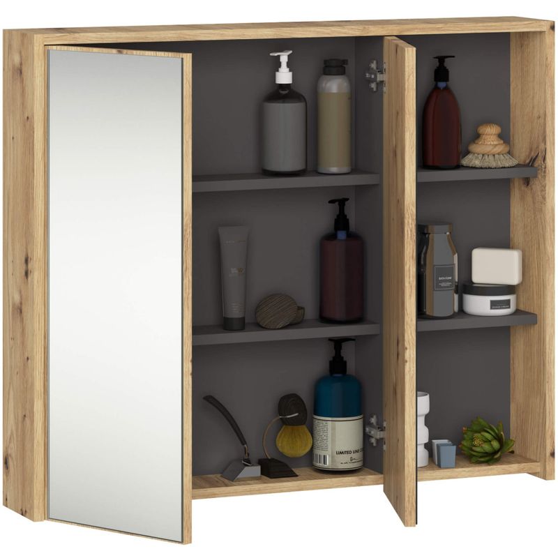 Casa si Gradina - Mobilier - Mobilier baie - Corpuri baie - Dulap de baie suspendat cu oglinda, 2 usi si 3 rafturi interioare, PAL 16 mm, 90x15x75 cm, stejar artisan si gri - Infinity.ro