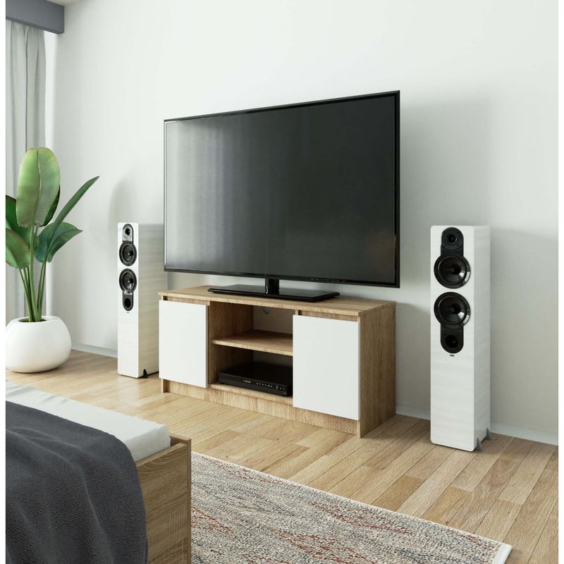 Casa si Gradina - Mobilier - Comode si corpuri - Comode - Comoda TV cu 2 usi si o polita, PAL laminat 16 mm, 120x40x55 cm, stejar sonoma si alb - Infinity.ro