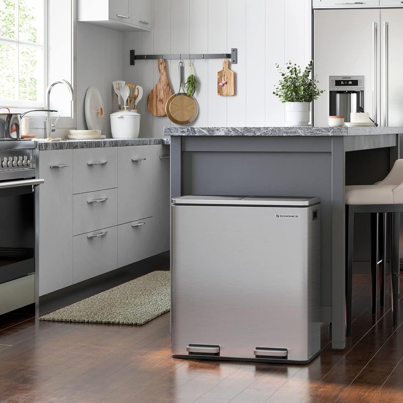 Casa si Gradina - Mobilier - Organizare si depozitare - Cosuri de gunoi - Cos de gunoi din inox cu 2 compartimente colectare selectiva, cu galeti interioare, 2x30litri, argintiu - Infinity.ro