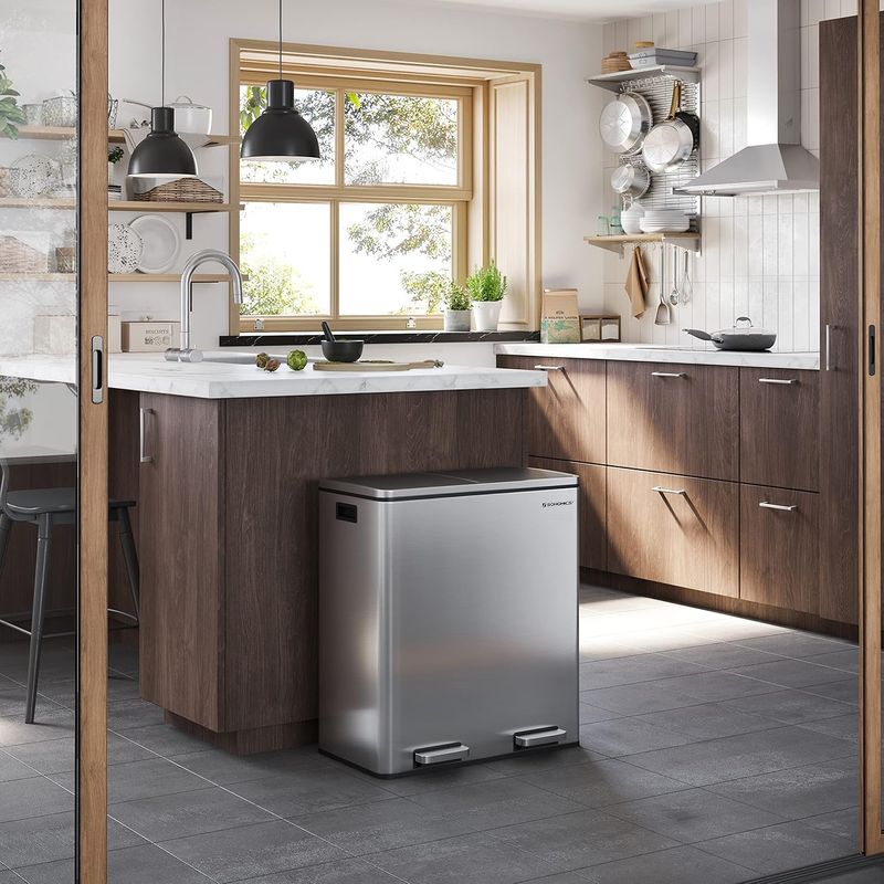 Casa si Gradina - Mobilier - Organizare si depozitare - Cosuri de gunoi - Cos de gunoi din inox cu 2 compartimente colectare selectiva, cu galeti interioare, 2x30litri, argintiu - Infinity.ro