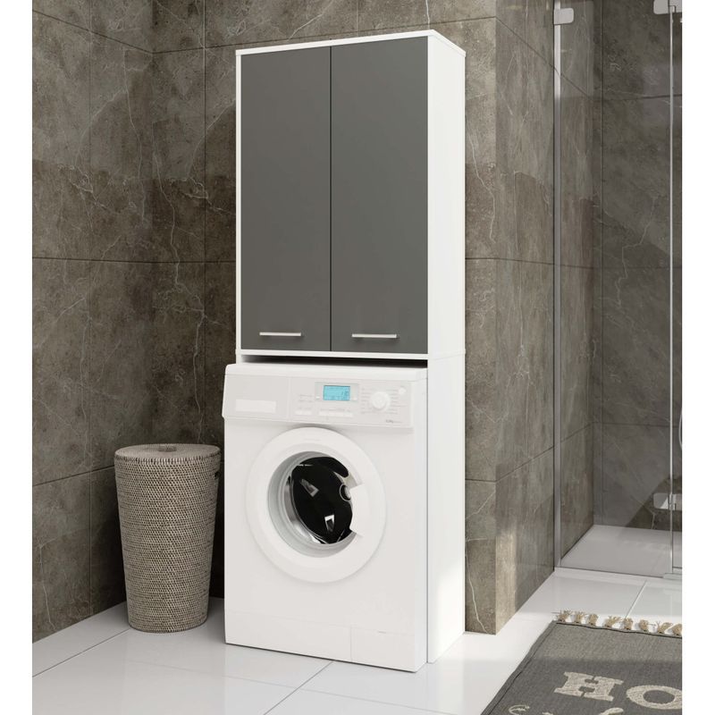 Casa si Gradina - Mobilier - Mobilier baie - Corpuri baie - Dulap de baie cu 2 usi si 4 rafturi, pentru spatiul de deasupra masinii de spalat, 64x30x180 cm, alb si grafit - Infinity.ro