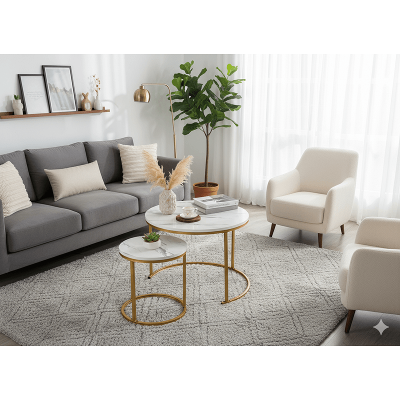 Casa si Gradina - Mobilier - Mese si birouri - Masute de cafea - Set 2 masute cafea suprapozabile, MDF si metal, 60x50 cm si 40x40 cm, alb marmura si auriu - Infinity.ro