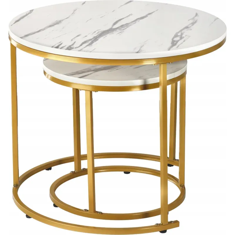 Casa si Gradina - Mobilier - Mese si birouri - Masute de cafea - Set 2 masute cafea suprapozabile, MDF si metal, 60x50 cm si 40x40 cm, alb marmura si auriu - Infinity.ro