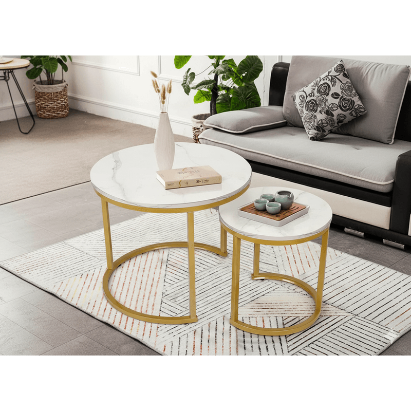 Casa si Gradina - Mobilier - Mese si birouri - Masute de cafea - Set 2 masute cafea suprapozabile, MDF si metal, 60x50 cm si 40x40 cm, alb marmura si auriu - Infinity.ro
