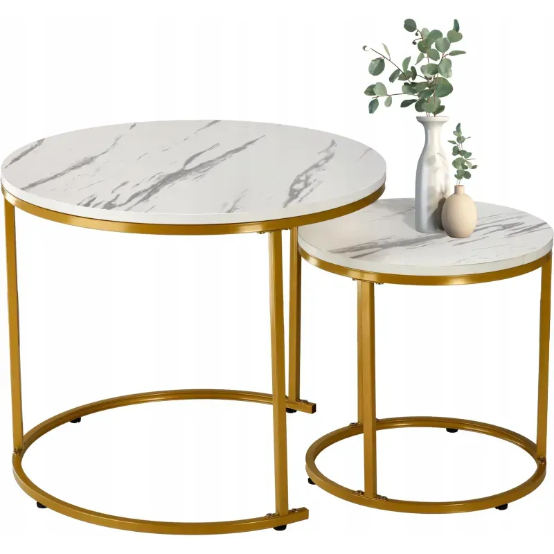 Casa si Gradina - Mobilier - Mese si birouri - Masute de cafea - Set 2 masute cafea suprapozabile, MDF si metal, 60x50 cm si 40x40 cm, alb marmura si auriu - Infinity.ro