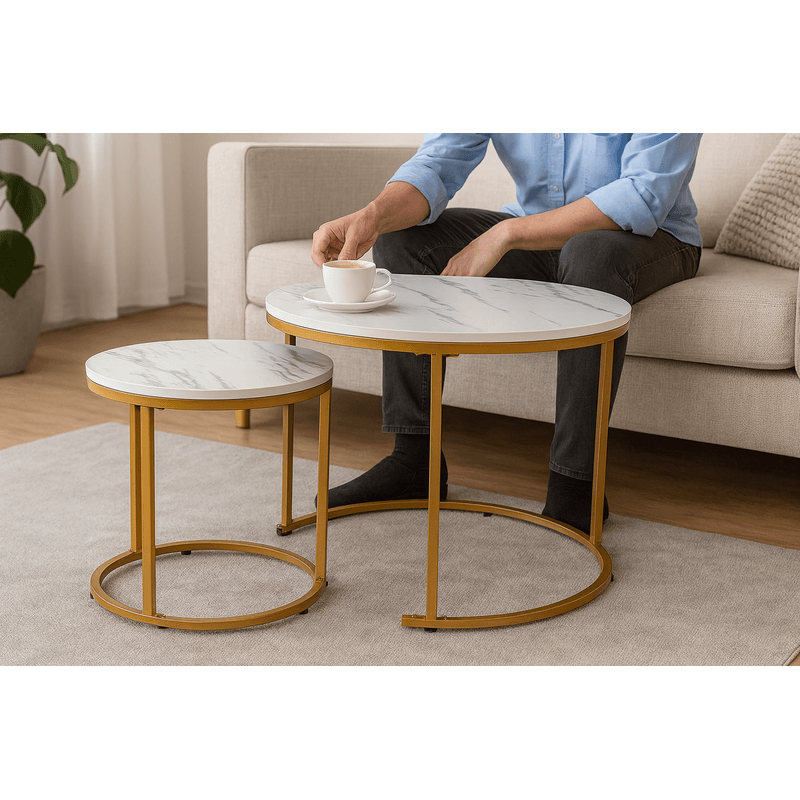 Casa si Gradina - Mobilier - Mese si birouri - Masute de cafea - Set 2 masute cafea suprapozabile, MDF si metal, 60x50 cm si 40x40 cm, alb marmura si auriu - Infinity.ro