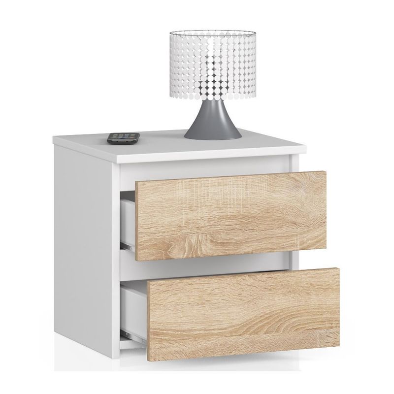 Casa si Gradina - Mobilier - Comode si corpuri - Noptiere - Noptiera cu 2 sertare, din PAL laminat, 40x35x40 cm, alb si stejar sonoma - Infinity.ro
