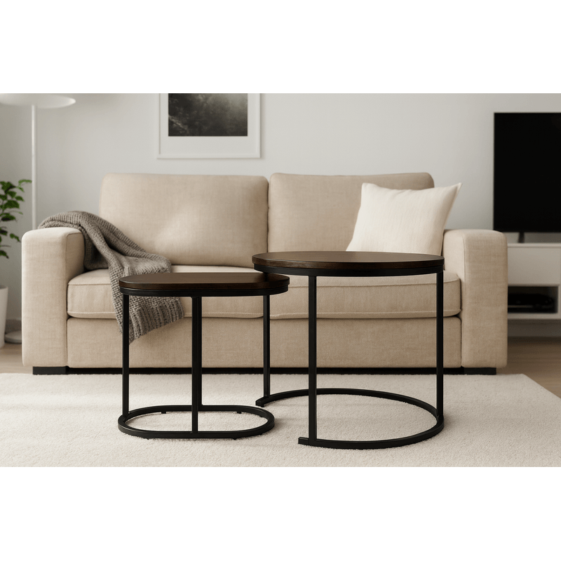 Casa si Gradina - Mobilier - Mese si birouri - Masute de cafea - Set 2 masute cafea suprapozabile, MDF si metal, design modern, 60 cm si 50 cm, maro si negru - Infinity.ro