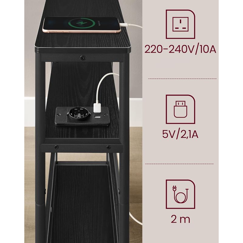 Casa si Gradina - Mobilier - Biblioteci si rafturi - Biblioteci - Masuta ingusta cu priza si porturi de incarcare USB, 3 rafturi, 45x18x58 cm, negru - Infinity.ro