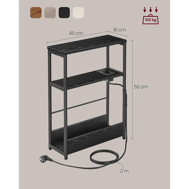Casa si Gradina - Mobilier - Biblioteci si rafturi - Biblioteci - Masuta ingusta cu priza si porturi de incarcare USB, 3 rafturi, 45x18x58 cm, negru - Infinity.ro