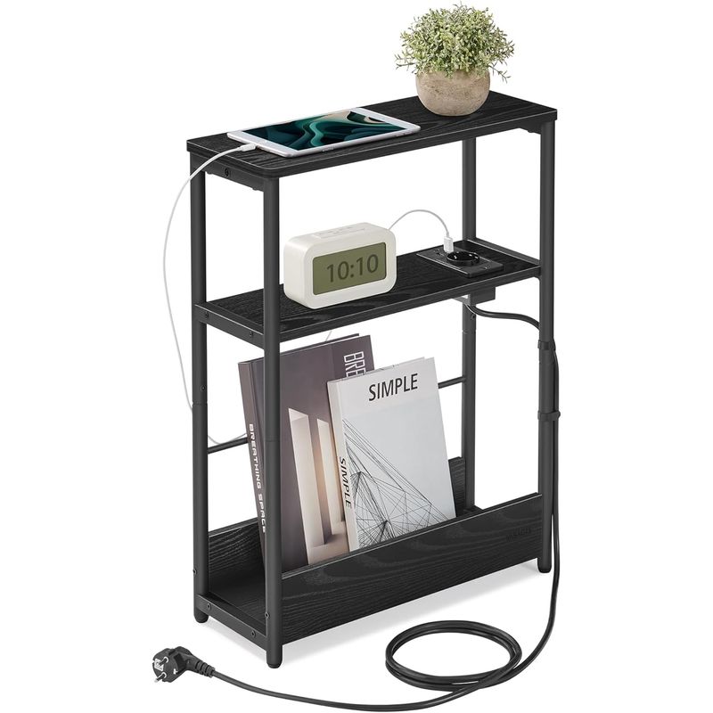 Casa si Gradina - Mobilier - Biblioteci si rafturi - Biblioteci - Masuta ingusta cu priza si porturi de incarcare USB, 3 rafturi, 45x18x58 cm, negru - Infinity.ro