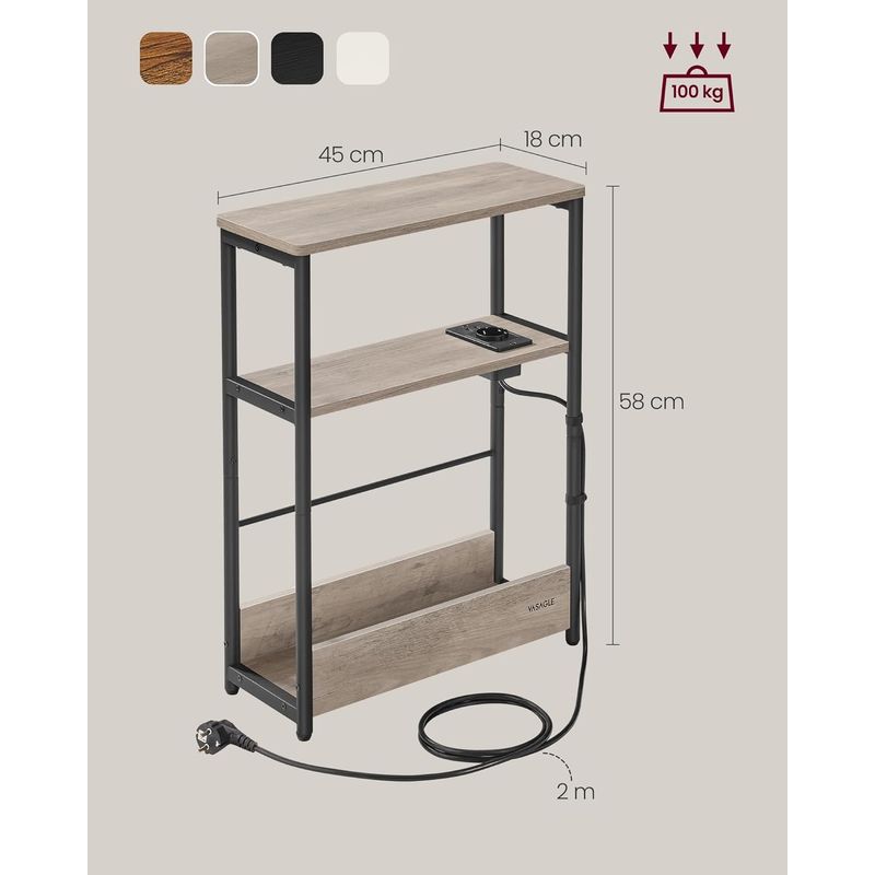 Casa si Gradina - Mobilier - Biblioteci si rafturi - Biblioteci - Masuta ingusta cu priza si porturi de incarcare USB, 3 rafturi, 45x18x58 cm, gri - Infinity.ro