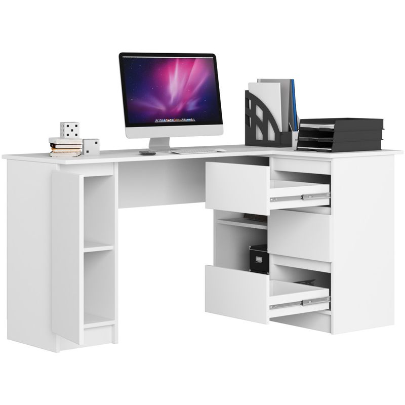 Casa si Gradina - Mobilier - Mese si birouri - Birouri - Birou colt dreapta in L cu 3 sertare si rafturi, PAL laminat 16 mm, 155x85x77 cm, alb - Infinity.ro