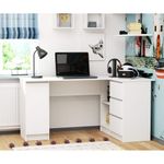 Casa si Gradina - Mobilier - Mese si birouri - Birouri - Birou colt dreapta in L cu 3 sertare si rafturi, PAL laminat 16 mm, 155x85x77 cm, alb - Infinity.ro