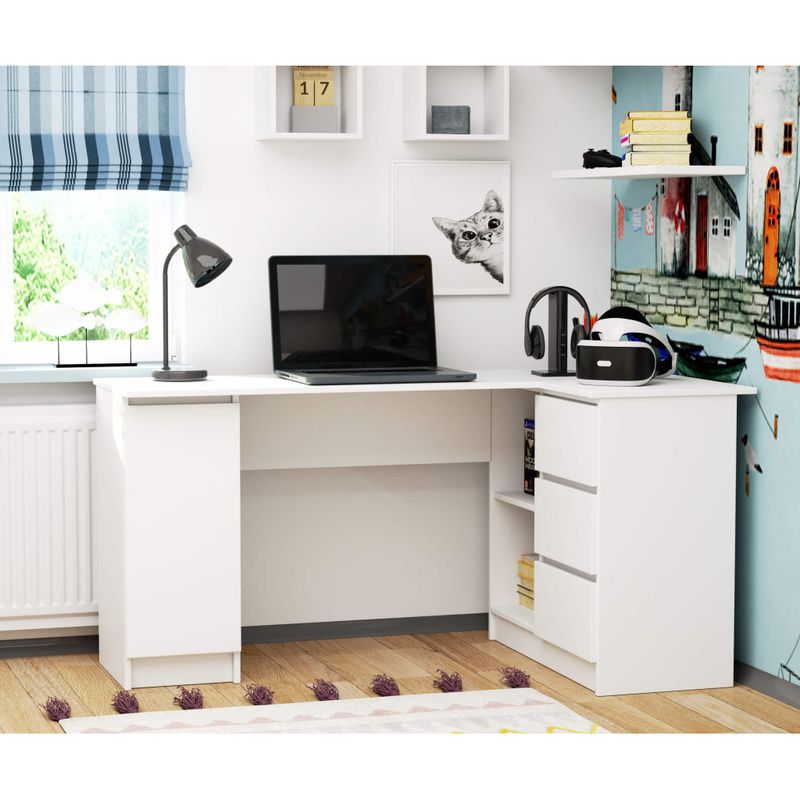 Casa si Gradina - Mobilier - Mese si birouri - Birouri - Birou colt dreapta in L cu 3 sertare si rafturi, PAL laminat 16 mm, 155x85x77 cm, alb - Infinity.ro