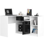 Casa si Gradina - Mobilier - Mese si birouri - Birouri - Birou de colt cu sertar, usa si 6 rafturi, fronturi MDF lucios, 120x126x79 cm, alb si negru lucios - Infinity.ro