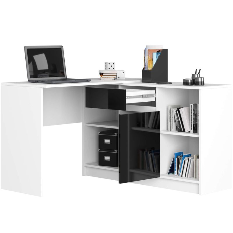 Casa si Gradina - Mobilier - Mese si birouri - Birouri - Birou de colt cu sertar, usa si 6 rafturi, fronturi MDF lucios, 120x126x79 cm, alb si negru lucios - Infinity.ro