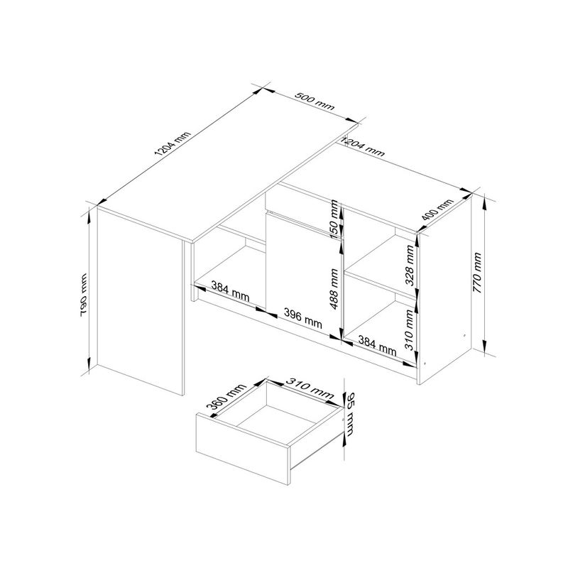 Casa si Gradina - Mobilier - Mese si birouri - Birouri - Birou de colt cu sertar, usa si 6 rafturi, fronturi MDF lucios, 120x126x79 cm, alb si negru lucios - Infinity.ro