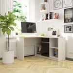 Casa si Gradina - Mobilier - Mese si birouri - Birouri - Birou de colt cu sertar, usa si 6 rafturi, fronturi MDF lucios, 120x126x79 cm, alb si negru lucios - Infinity.ro