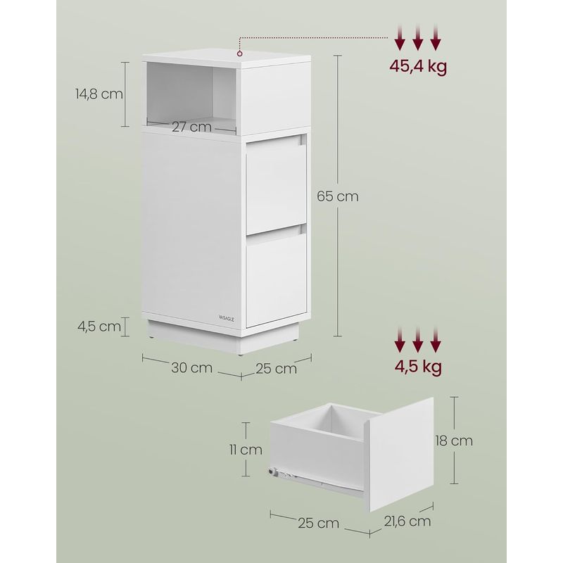 Casa si Gradina - Mobilier - Comode si corpuri - Noptiere - Set 2 noptiere inguste cu 2 sertare si compartiment deschis reversibil, PAL si MDF, 30x25x65 cm, alb - Infinity.ro