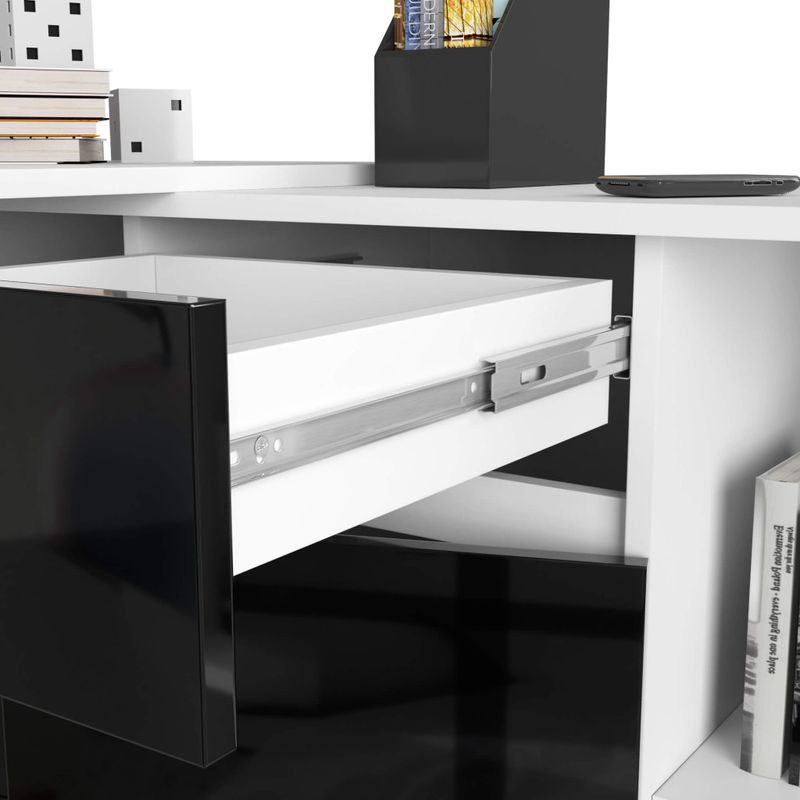 Casa si Gradina - Mobilier - Mese si birouri - Birouri - Birou de colt cu sertar, usa si 6 rafturi, fronturi MDF lucios, 120x126x79 cm, alb si negru lucios - Infinity.ro