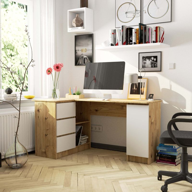 Casa si Gradina - Mobilier - Mese si birouri - Birouri - Birou colt stanga in L cu 3 sertare si rafturi, PAL laminat 16 mm, 155x85x77 cm, stejar artisan si alb - Infinity.ro