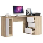 Casa si Gradina - Mobilier - Mese si birouri - Birouri - Birou colt dreapta in L cu 3 sertare si rafturi, PAL laminat 16 mm, 155x85x77 cm, stejar sonoma si alb - Infinity.ro