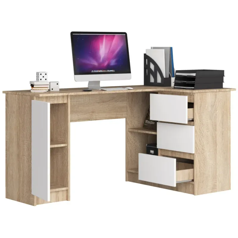 Casa si Gradina - Mobilier - Mese si birouri - Birouri - Birou colt dreapta in L cu 3 sertare si rafturi, PAL laminat 16 mm, 155x85x77 cm, stejar sonoma si alb - Infinity.ro