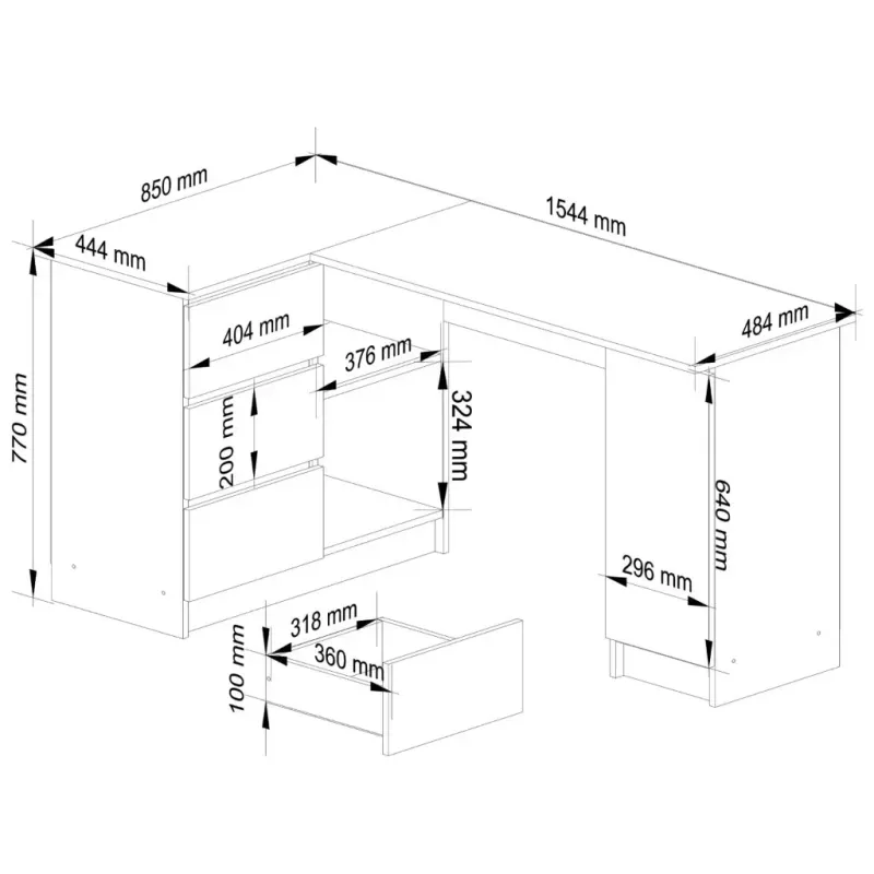 Casa si Gradina - Mobilier - Mese si birouri - Birouri - Birou colt stanga in L cu 3 sertare si rafturi, PAL laminat 16 mm, 155x85x77 cm, stejar craft - Infinity.ro