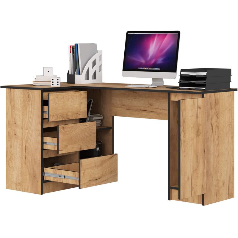 Casa si Gradina - Mobilier - Mese si birouri - Birouri - Birou colt stanga in L cu 3 sertare si rafturi, PAL laminat 16 mm, 155x85x77 cm, stejar craft - Infinity.ro