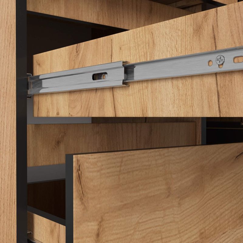 Casa si Gradina - Mobilier - Mese si birouri - Birouri - Birou colt stanga in L cu 3 sertare si rafturi, PAL laminat 16 mm, 155x85x77 cm, stejar craft - Infinity.ro
