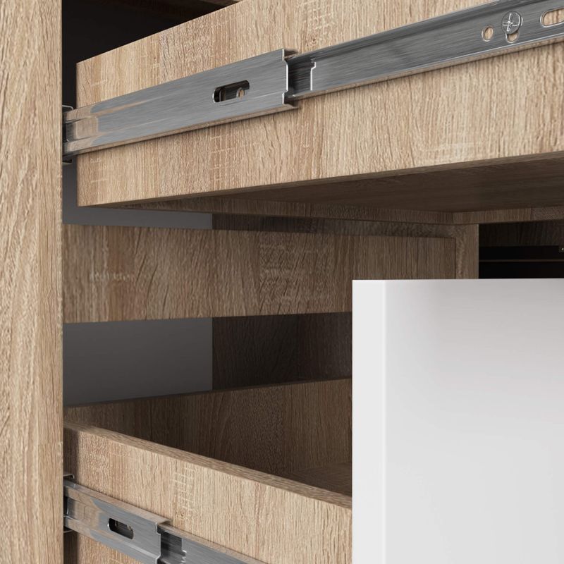 Casa si Gradina - Mobilier - Mese si birouri - Birouri - Birou colt stanga in L cu 3 sertare si rafturi, PAL laminat 16 mm, 155x85x77 cm, stejar sonoma si alb - Infinity.ro