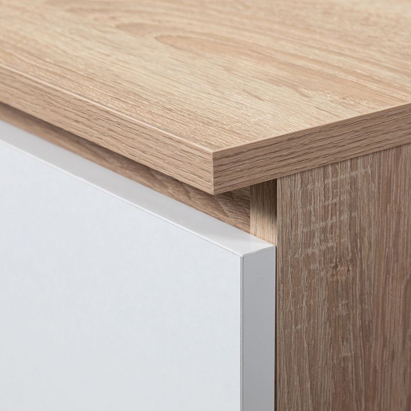 Casa si Gradina - Mobilier - Mese si birouri - Birouri - Birou colt stanga in L cu 3 sertare si rafturi, PAL laminat 16 mm, 155x85x77 cm, stejar sonoma si alb - Infinity.ro