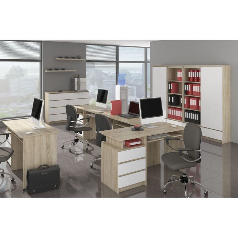 Casa si Gradina - Mobilier - Mese si birouri - Birouri - Birou colt stanga in L cu 3 sertare si rafturi, PAL laminat 16 mm, 155x85x77 cm, stejar sonoma si alb - Infinity.ro
