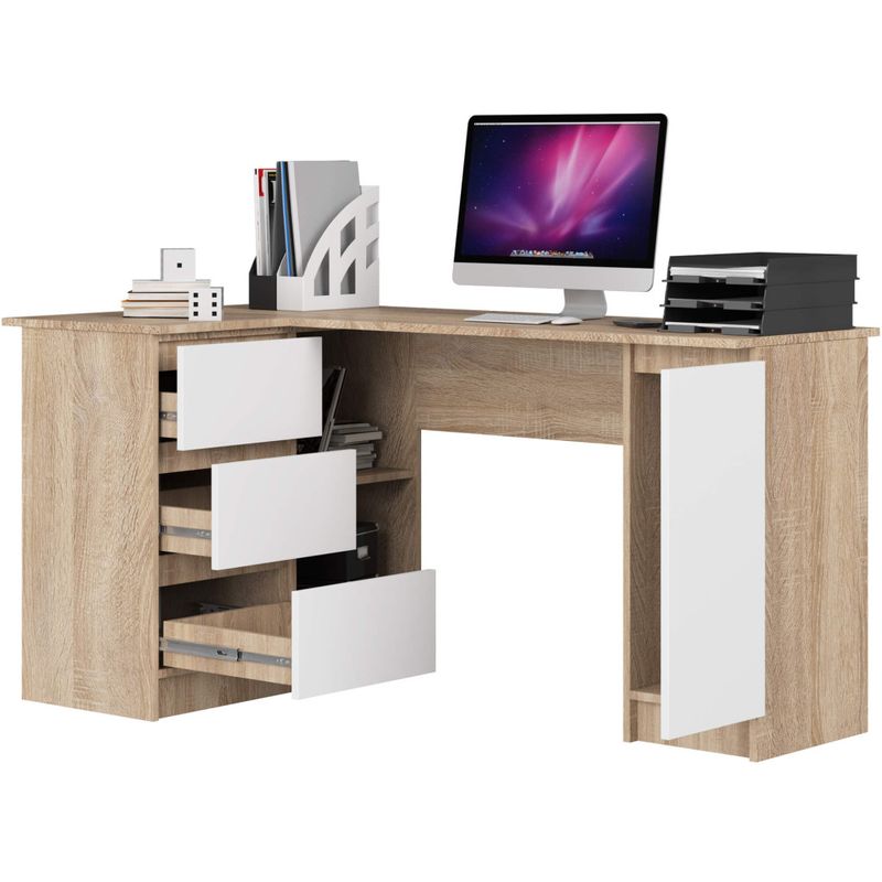 Casa si Gradina - Mobilier - Mese si birouri - Birouri - Birou colt stanga in L cu 3 sertare si rafturi, PAL laminat 16 mm, 155x85x77 cm, stejar sonoma si alb - Infinity.ro