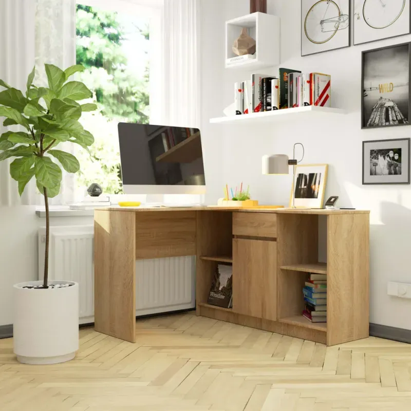 Casa si Gradina - Mobilier - Mese si birouri - Birouri - Birou de colt cu sertar, usa si 6 rafturi, PAL laminat 16 mm, 120x126x79 cm, stejar sonoma - Infinity.ro