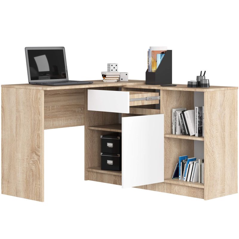 Casa si Gradina - Mobilier - Mese si birouri - Birouri - Birou de colt cu sertar, usa si 6 rafturi, PAL laminat 16 mm, 120x126x79 cm, stejar sonoma si alb - Infinity.ro