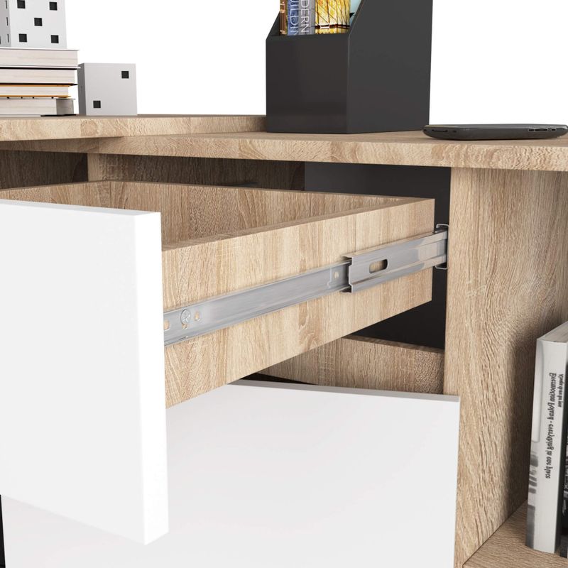 Casa si Gradina - Mobilier - Mese si birouri - Birouri - Birou de colt cu sertar, usa si 6 rafturi, PAL laminat 16 mm, 120x126x79 cm, stejar sonoma si alb - Infinity.ro