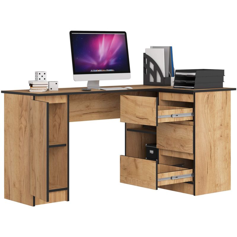 Casa si Gradina - Mobilier - Mese si birouri - Birouri - Birou colt dreapta in L cu 3 sertare si rafturi, PAL laminat 16 mm, 155x85x77 cm, stejar craft - Infinity.ro