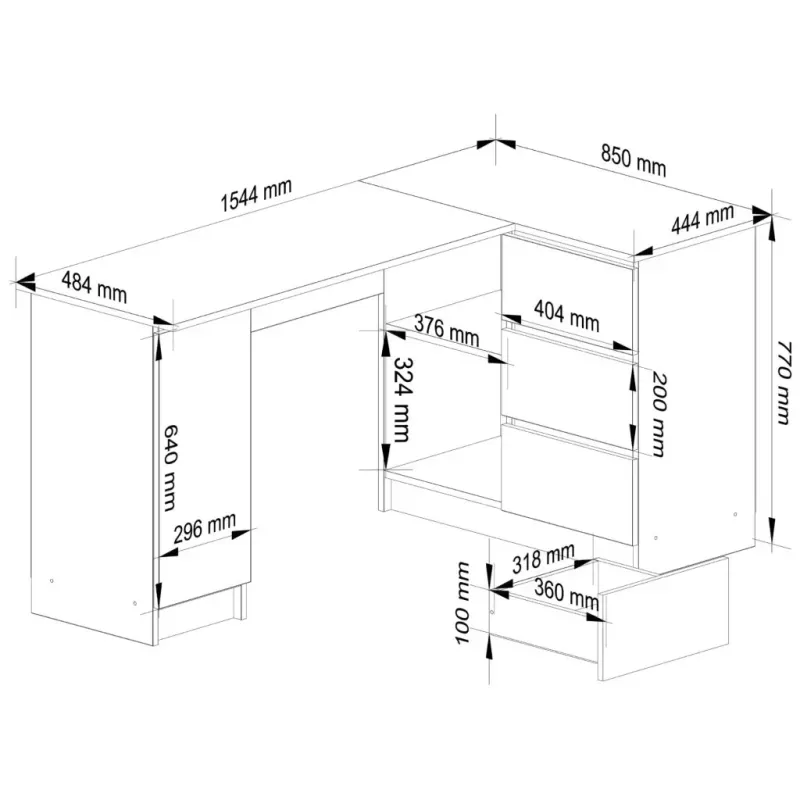 Casa si Gradina - Mobilier - Mese si birouri - Birouri - Birou colt dreapta in L cu 3 sertare si rafturi, PAL laminat 16 mm, 155x85x77 cm, stejar craft - Infinity.ro